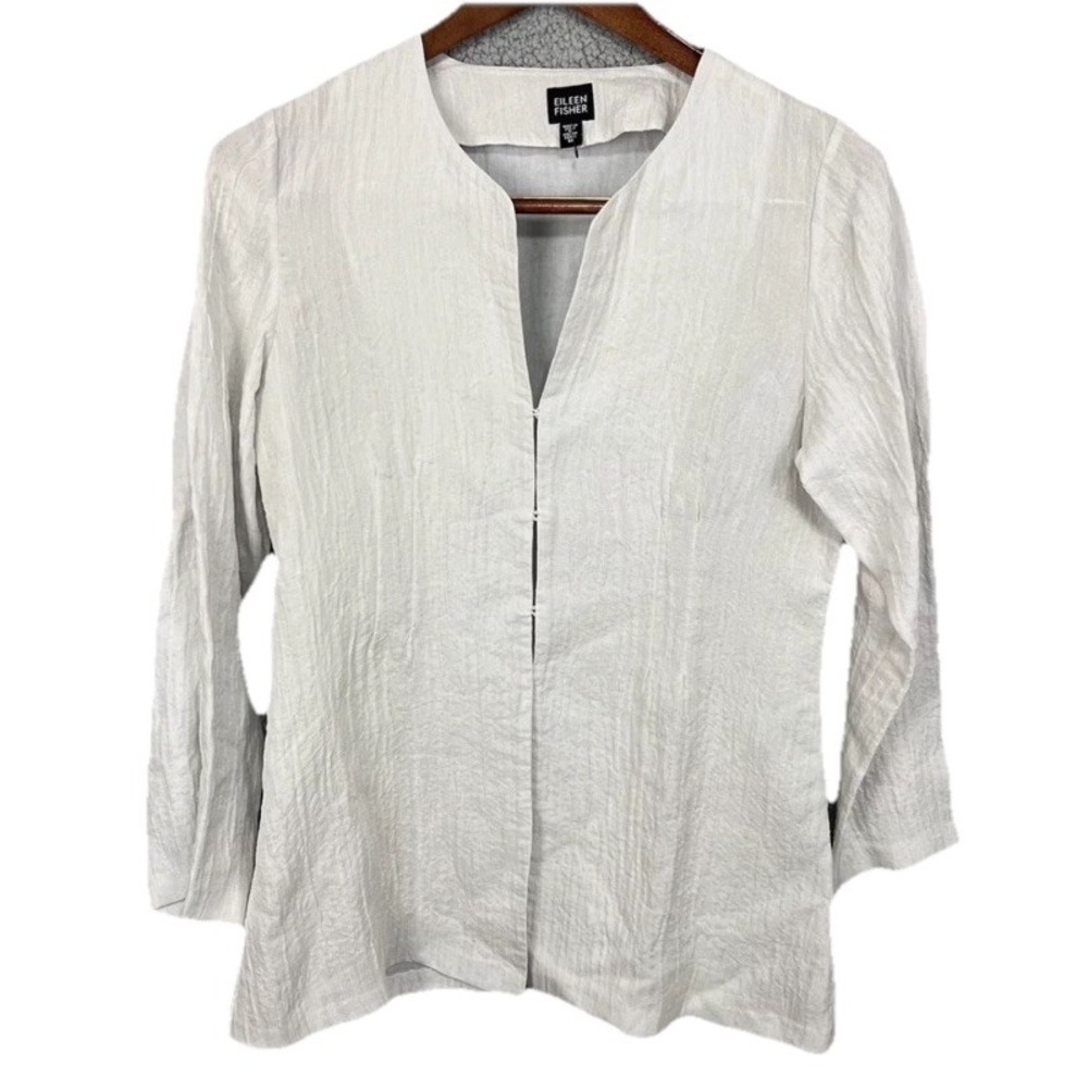 EILEEN FISHER Jacket Large Silk  Viscose Top Crinkle Hook &Eye Long Sleeve Ivory